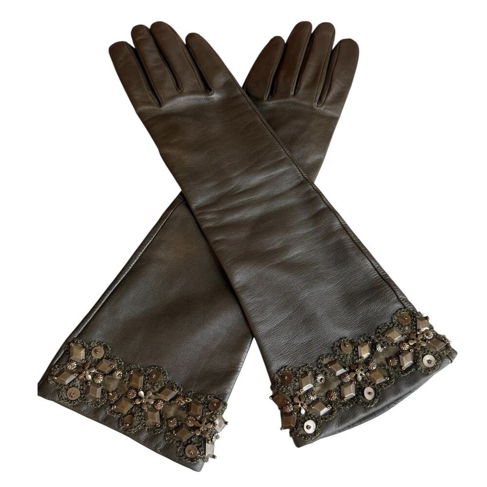 Carlisle Per Se Lambskin Opera Gloves Olive Brown Studded Trim